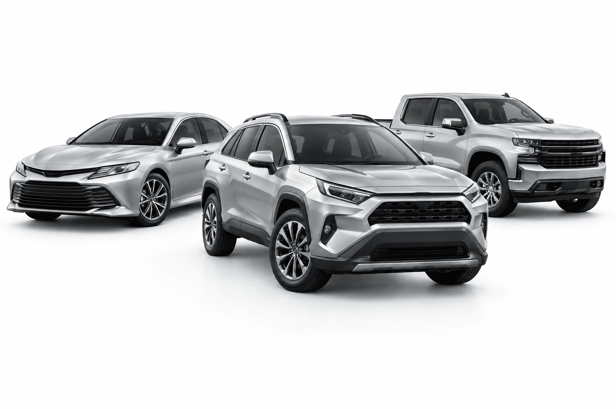 Illustrative silver crossover, sedan and pickup in a bright studio