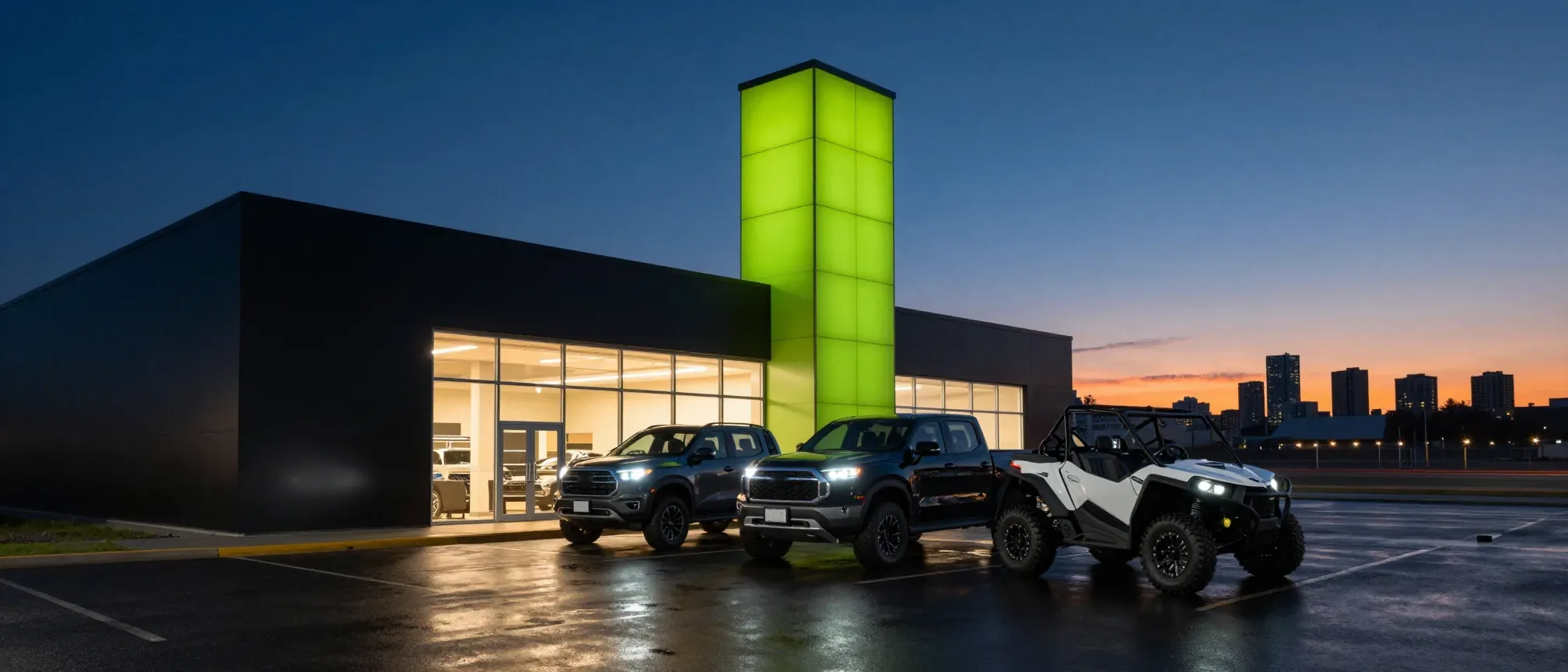 Illustrative dealership with a lime green tower at dusk, an SUV, a pickup and a side-by-side out front, the Edmonton skyline behind